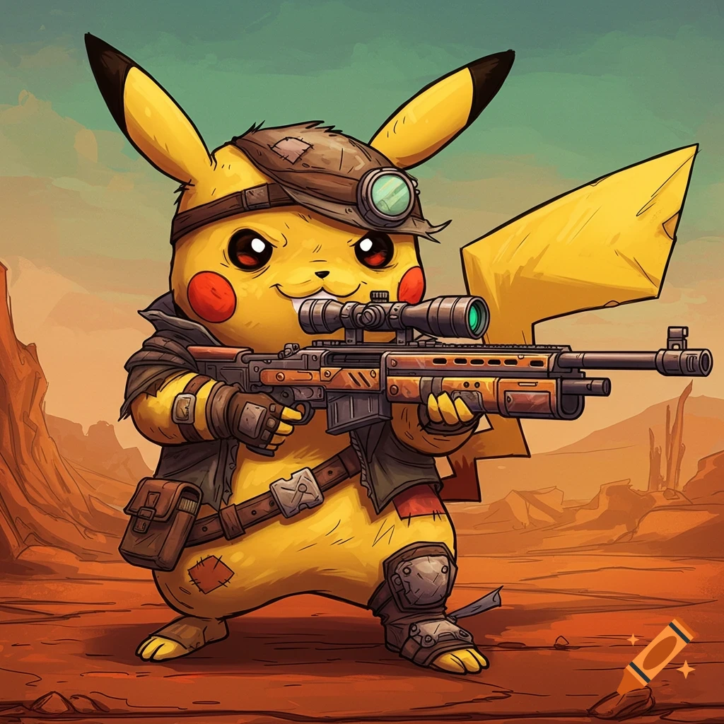 Pikachu in Borderlands gear holding a sniper rifle in a desert.