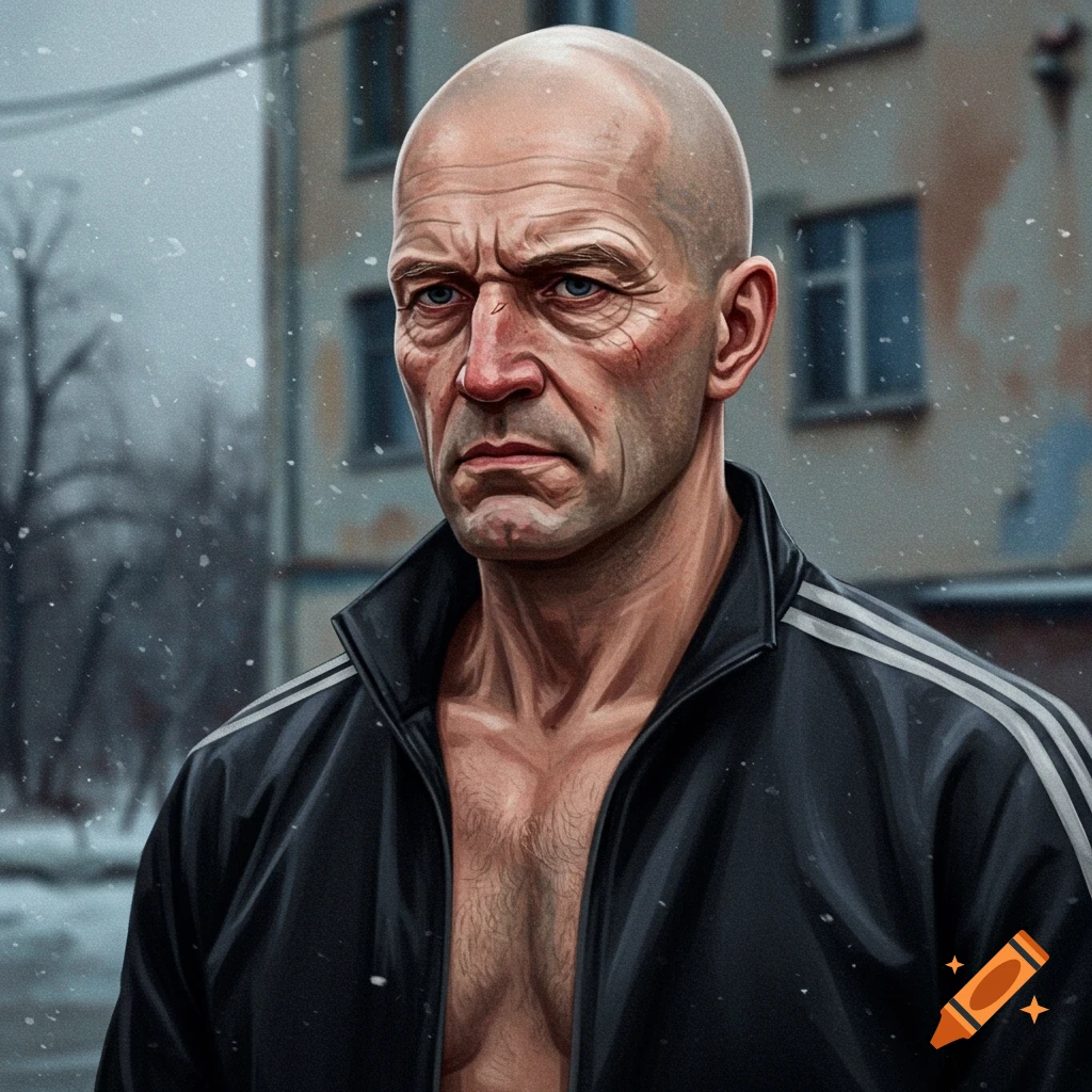portrait of a bald man in an open black track suit, chest visible, in a snowy environment
