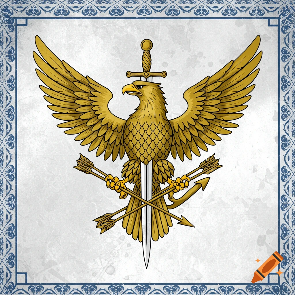 Golden eagle heraldic symbol with sword, arrows, and anchor, on white with blue border