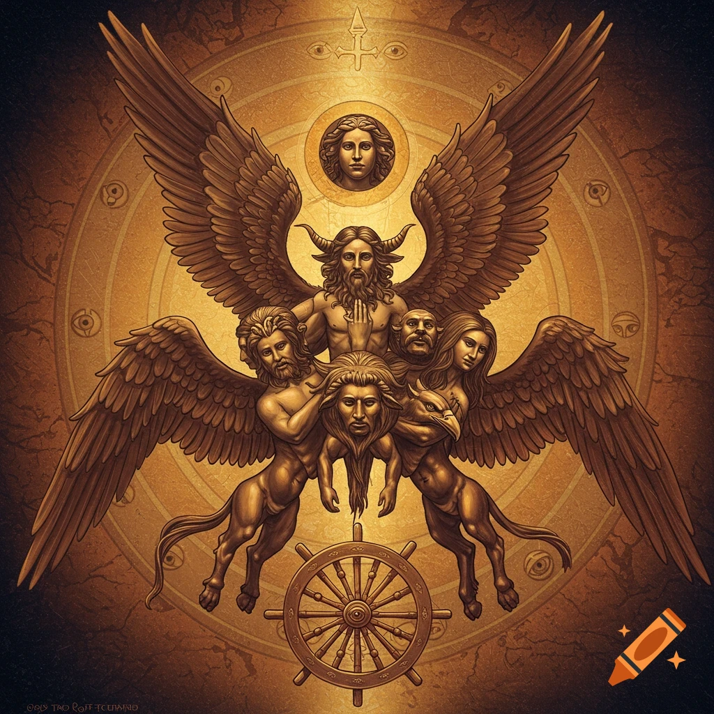 Detailed illustration of a multi-faced winged creature with animal legs standing over a wheel.