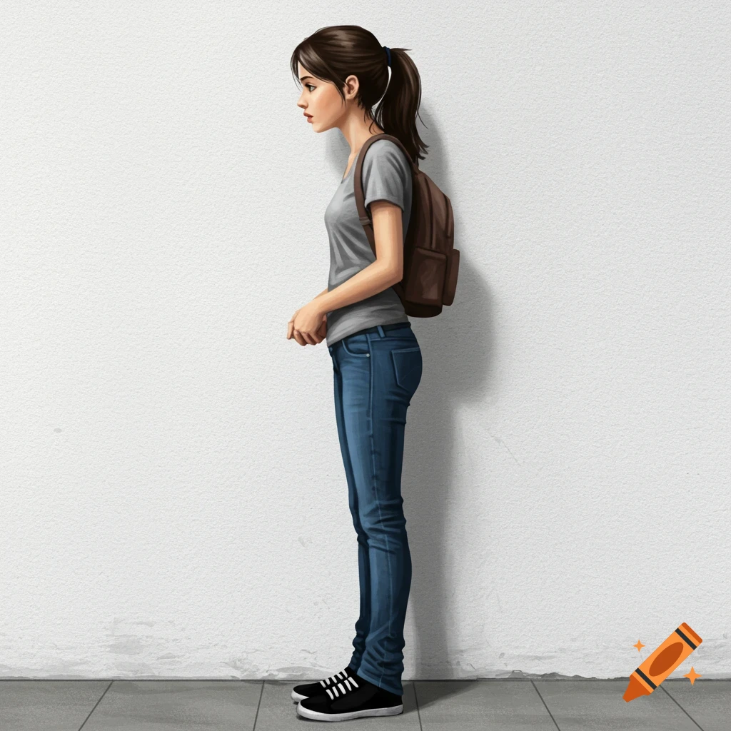 A young woman with a ponytail and backpack stands against a white wall, looking left.