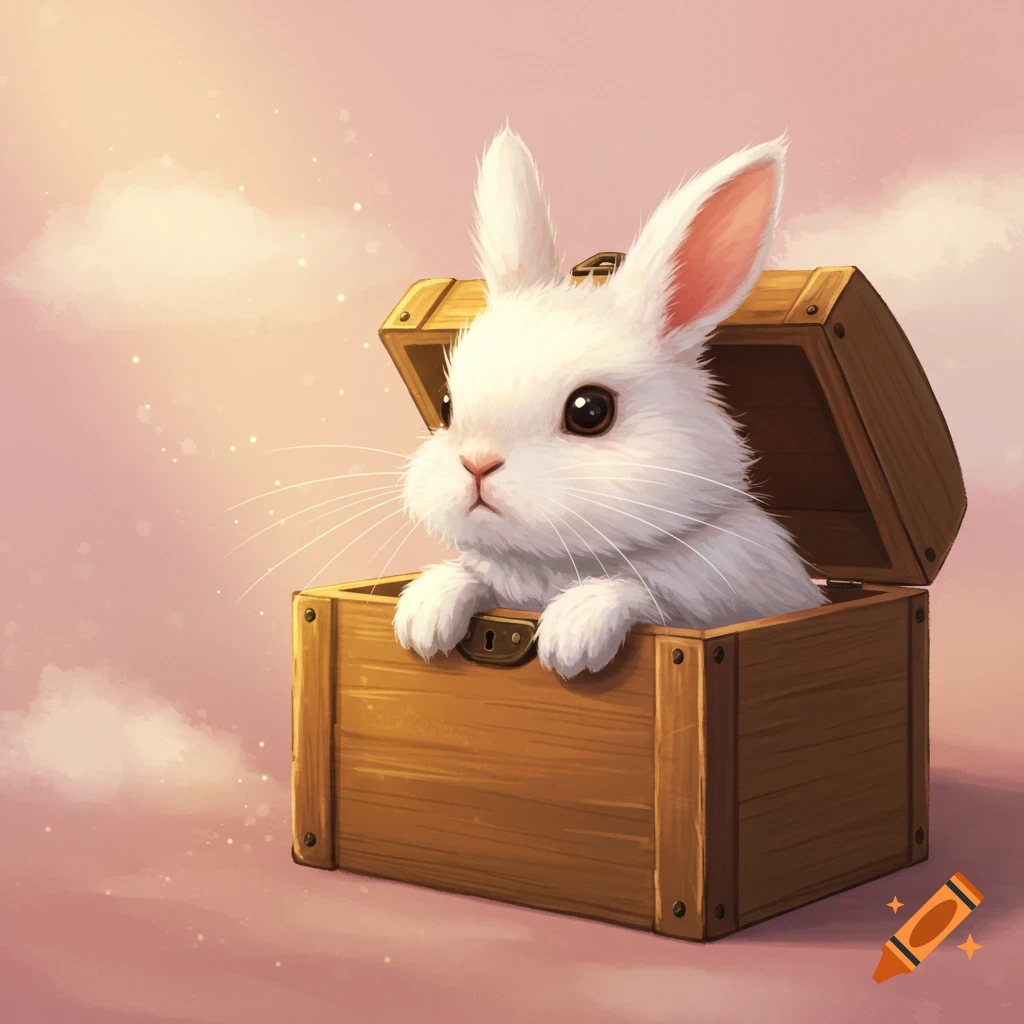 A cute white bunny peeking out of a wooden box under a soft, cloudy sky.