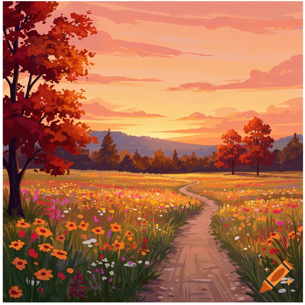 A field of wildflowers and trees at sunset.