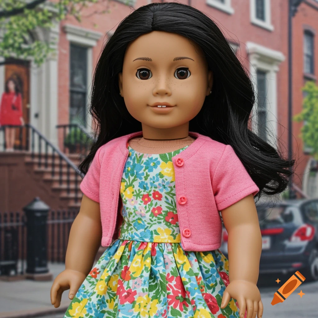 An American Girl doll in a floral dress and pink cardigan stands on a city street.