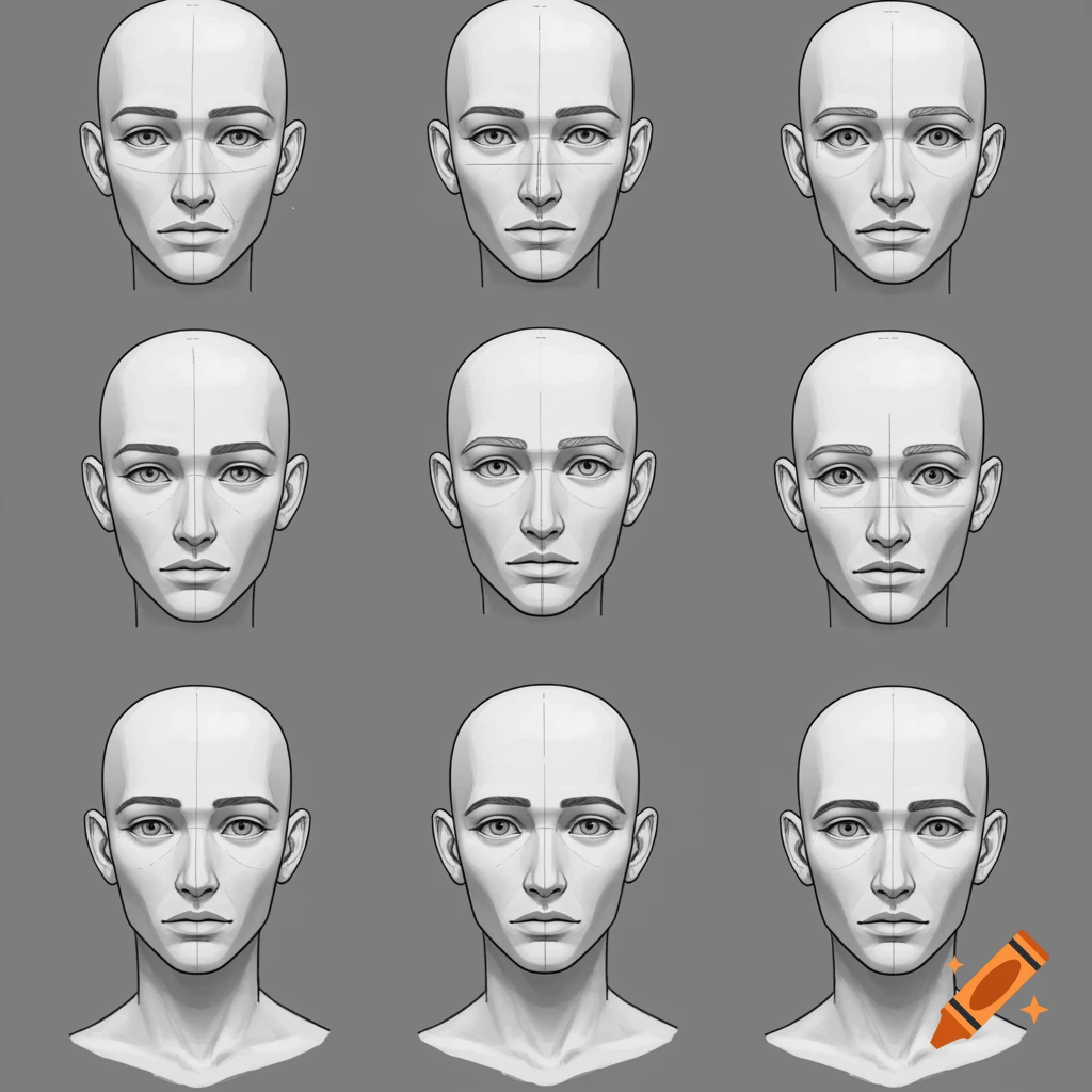 Nine diagrams of bald human faces with lines indicating the placement of eyes, nose, and mouth.
