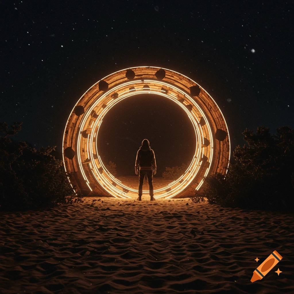 A person stands before a large glowing sci-fi ring structure in a sandy landscape under a starry night sky.