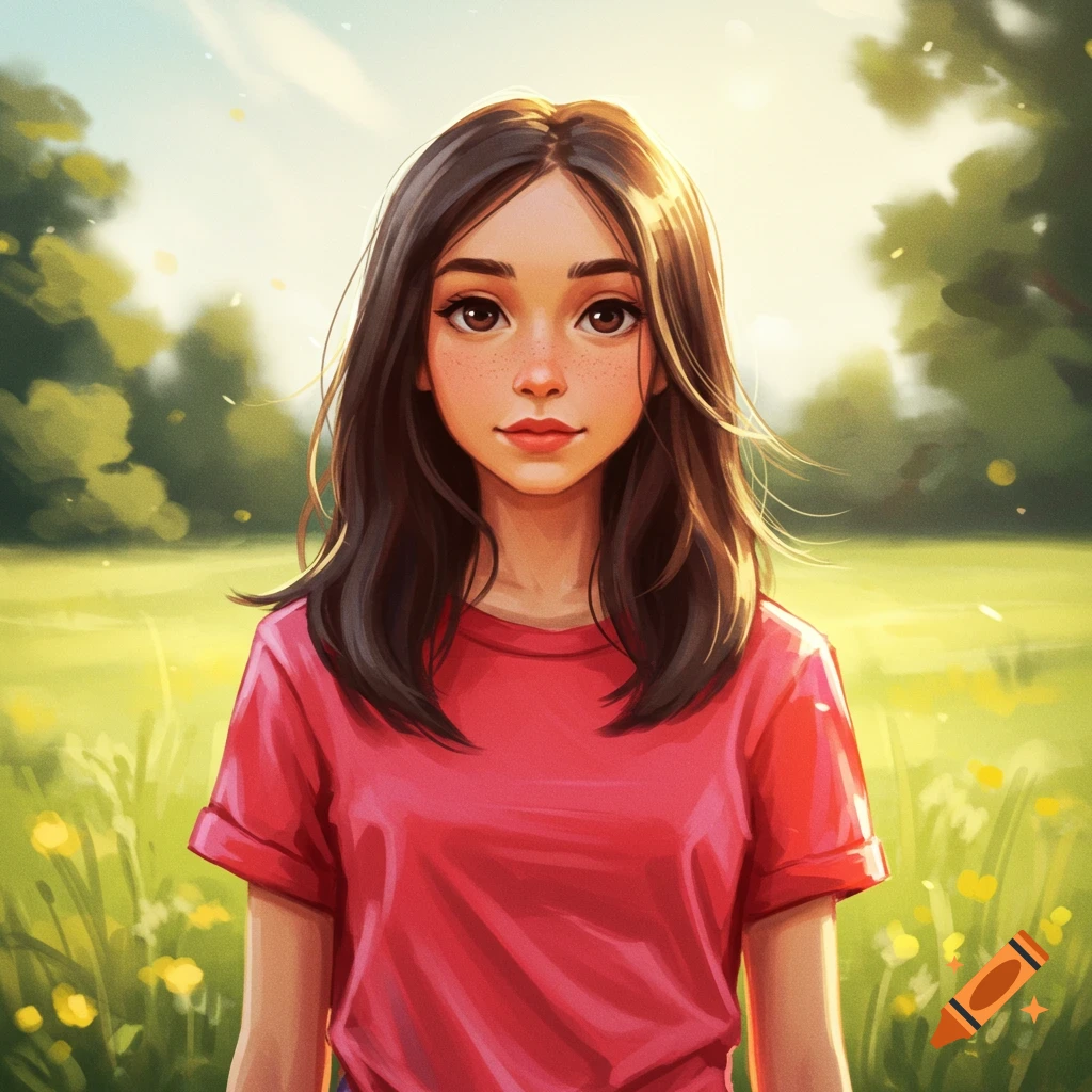 A girl with brown hair and freckles in a red shirt standing in a sunny grassy field.