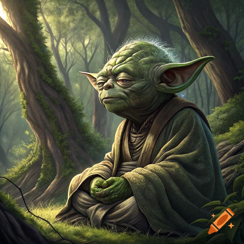Yoda meditates cross-legged in a lush forest clearing.