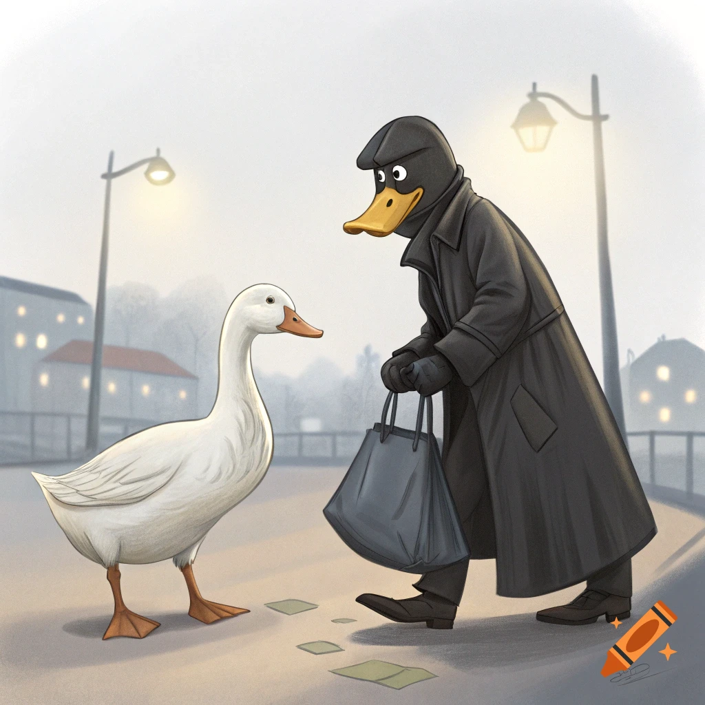 An illustration of a white goose facing a duck dressed as a bank robber on a street with money on the ground.