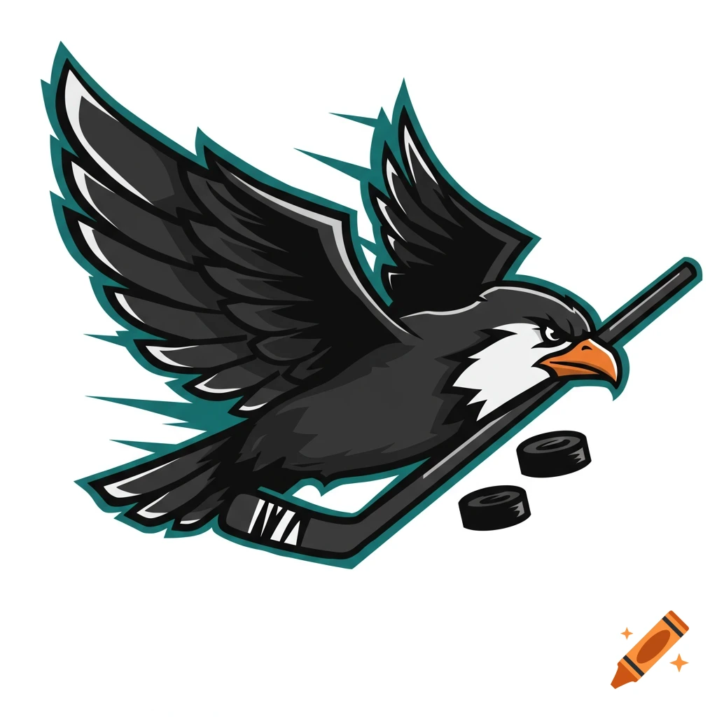 Hockey logo illustration of a black bird with a stick and pucks.