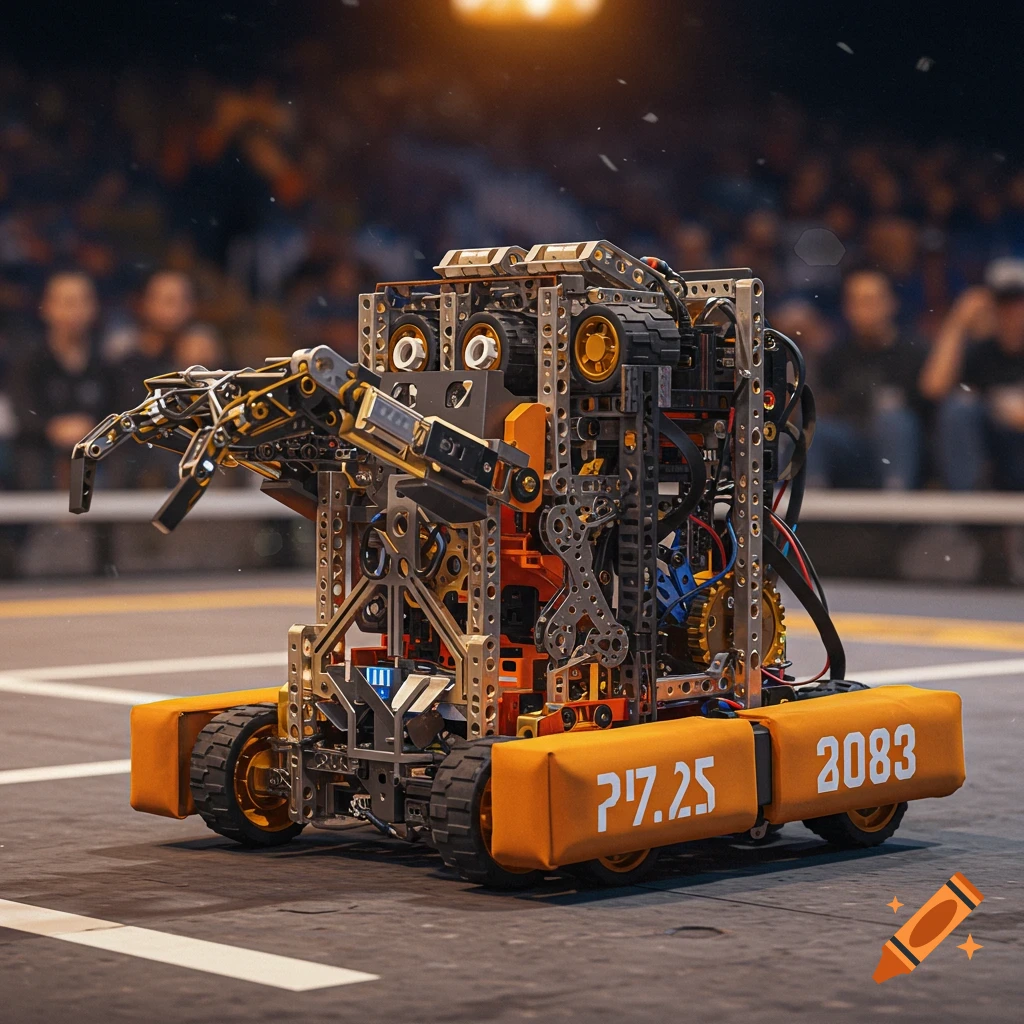 A detailed image of an orange and metal FRC robot on a competition field with a crowd in the background.