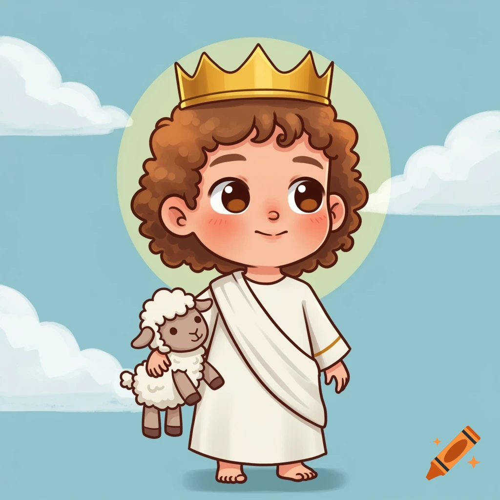 Cartoon depiction of a crowned child holding a toy lamb, with a halo, against a sky background.