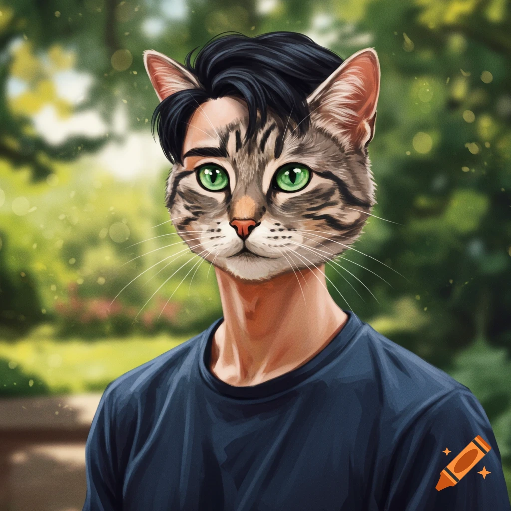 A person with a cat's head wearing a dark blue t-shirt against a blurry green background.