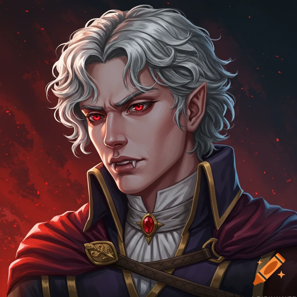A pale man with white hair, red eyes, pointed ears, and fangs, wearing a red cloak and ornate clothing, looking intensely left.