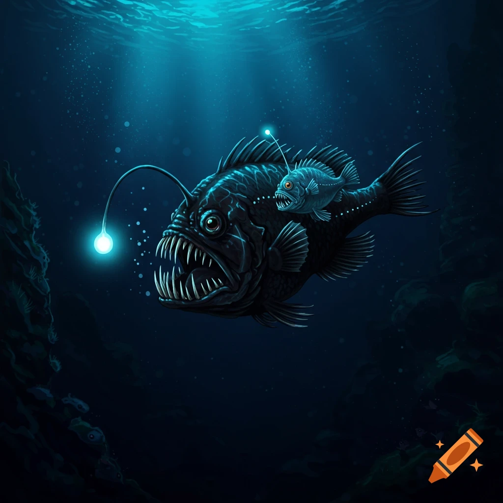 A large anglerfish and attached male are swimming in the deep sea.
