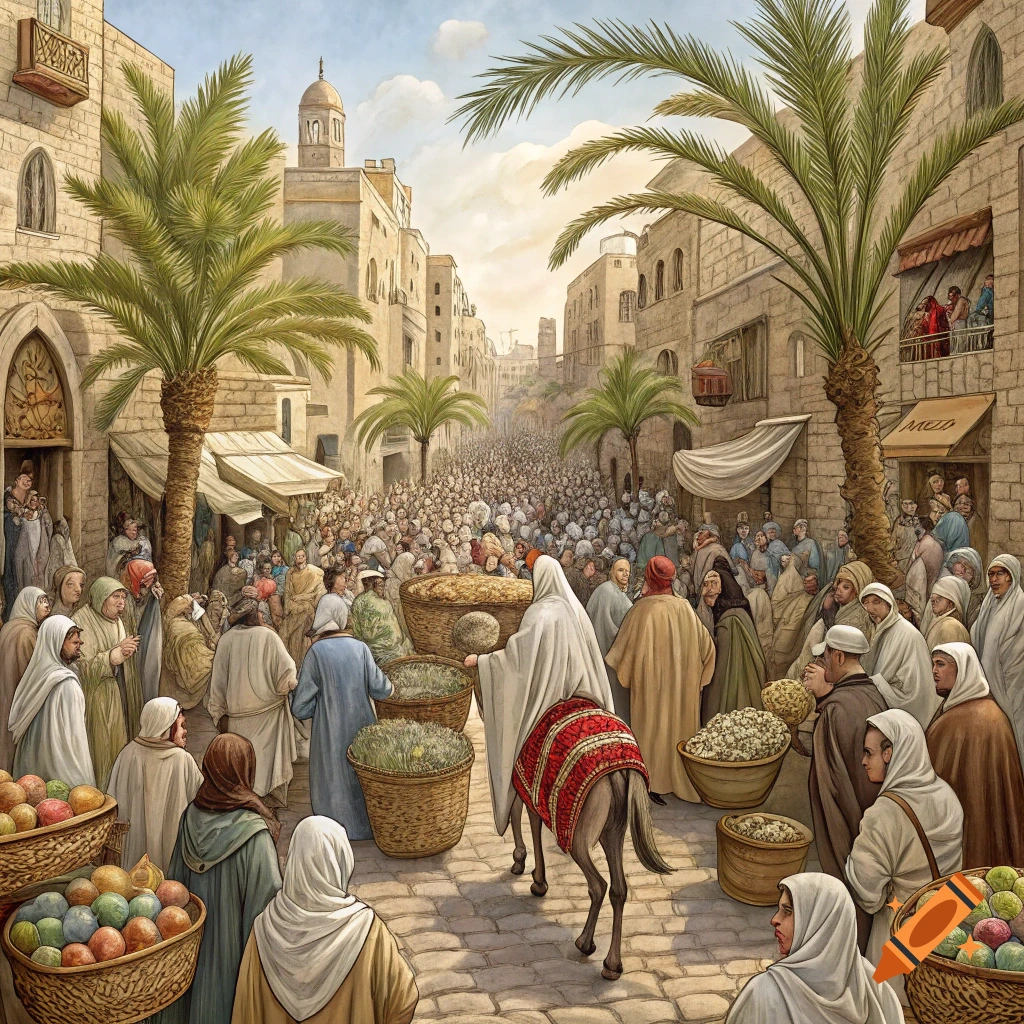Detailed illustration of a crowded historical market street with stone buildings, palm trees, people, and baskets of goods.