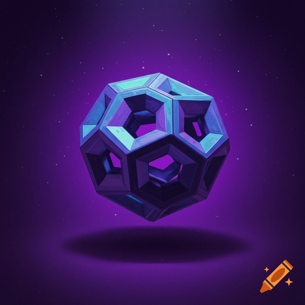 A blue and purple geometric shape floats in purple space with stars.