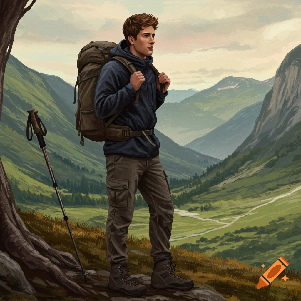 A male hiker with a backpack stands in a mountain landscape.