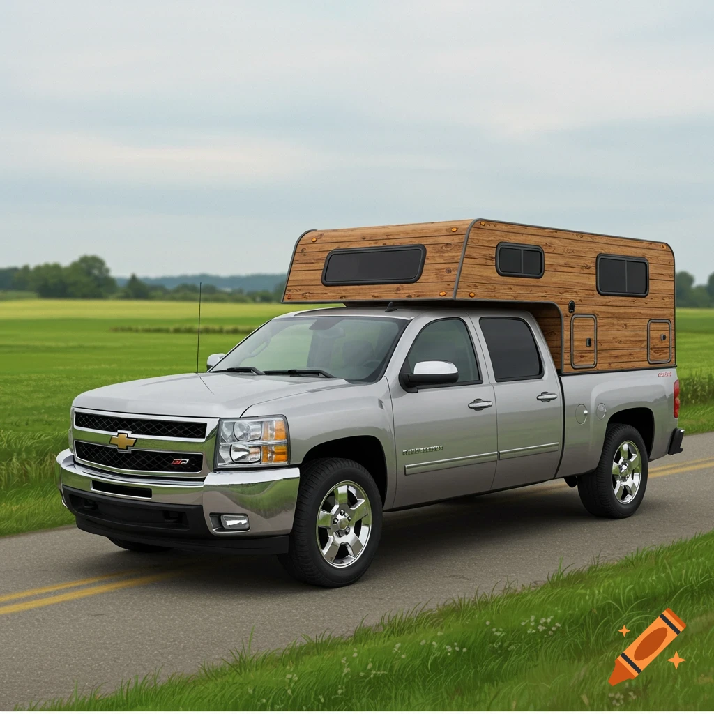 A silver pickup truck with a wooden camper shell driving on a road through a green field.