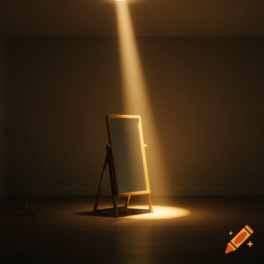 A mirror stands under a spotlight in a dimly lit room.