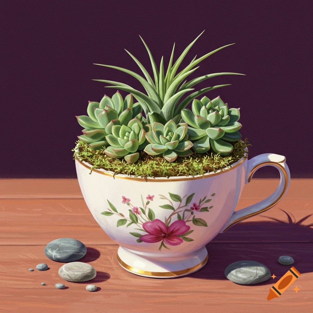 Succulents and moss in a floral teacup planter on a wooden surface with pebbles.