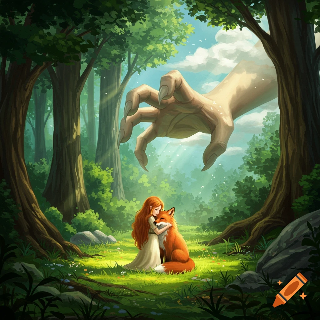 Whimsical depiction of a girl hugging a fox in a forest while a giant hand reaches down from the sky.