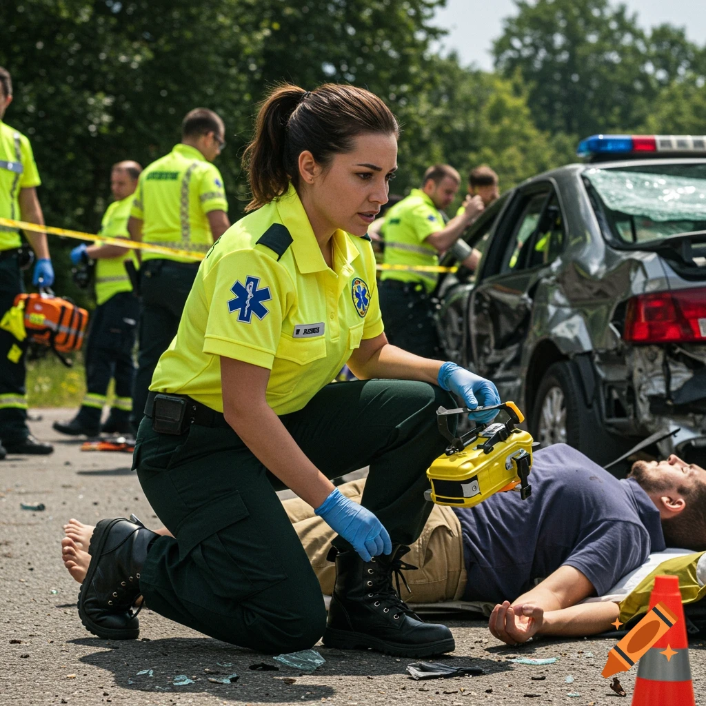 A female paramedic kneels beside a man on the ground at a car accident scene, with other first responders and a damaged vehicle in the background.