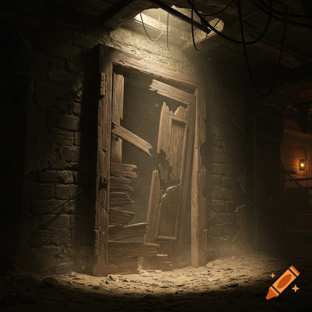 A broken wooden door stands in a dusty underground tunnel.