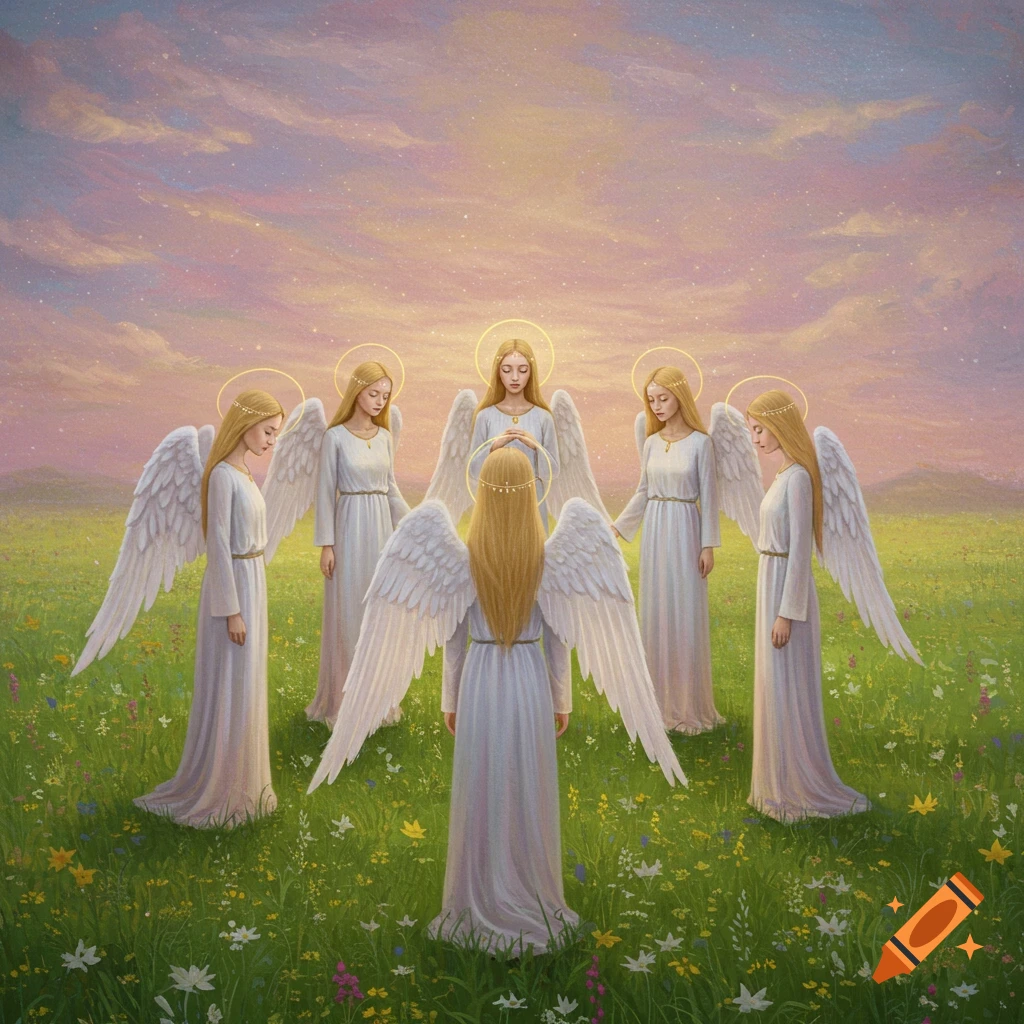Six angels are in a field of flowers under a cloudy sky.