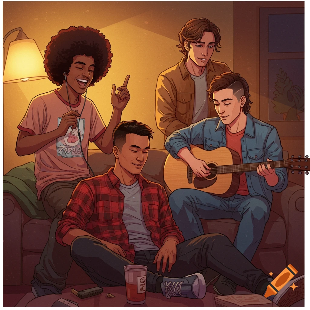 Four young men hanging out on a couch, listening to music and playing guitar, in a warm style.