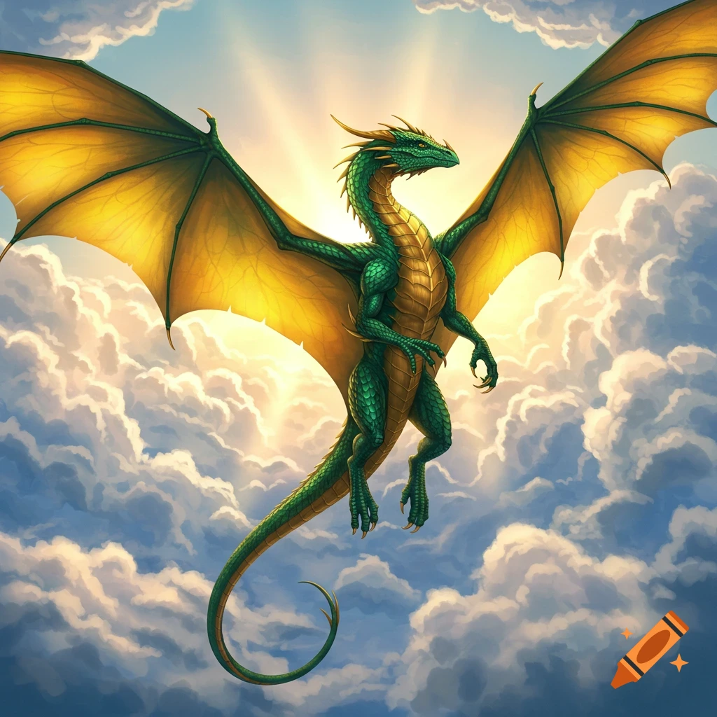 A green and gold dragon with spread wings flies through bright clouds.