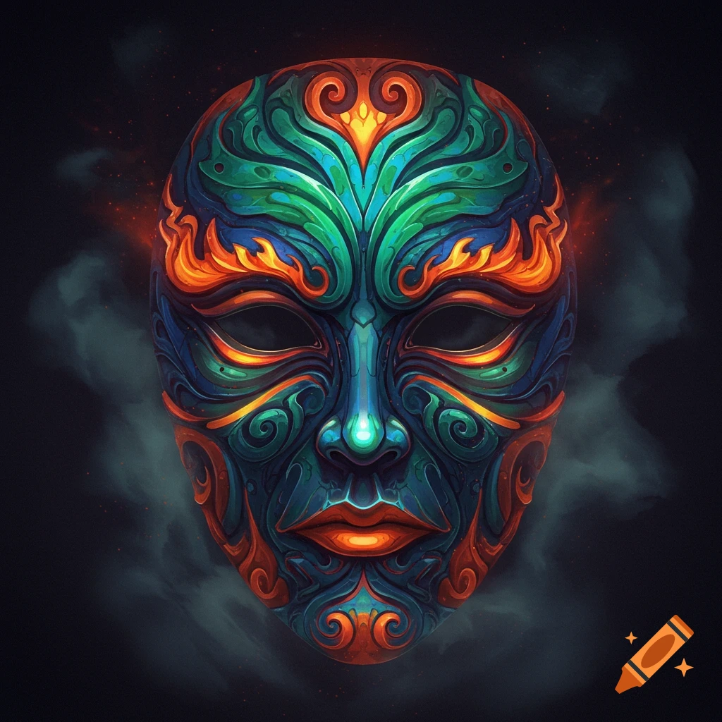 A vibrantly colored, stylized mask with intricate swirling patterns in blue, green, orange, and red.