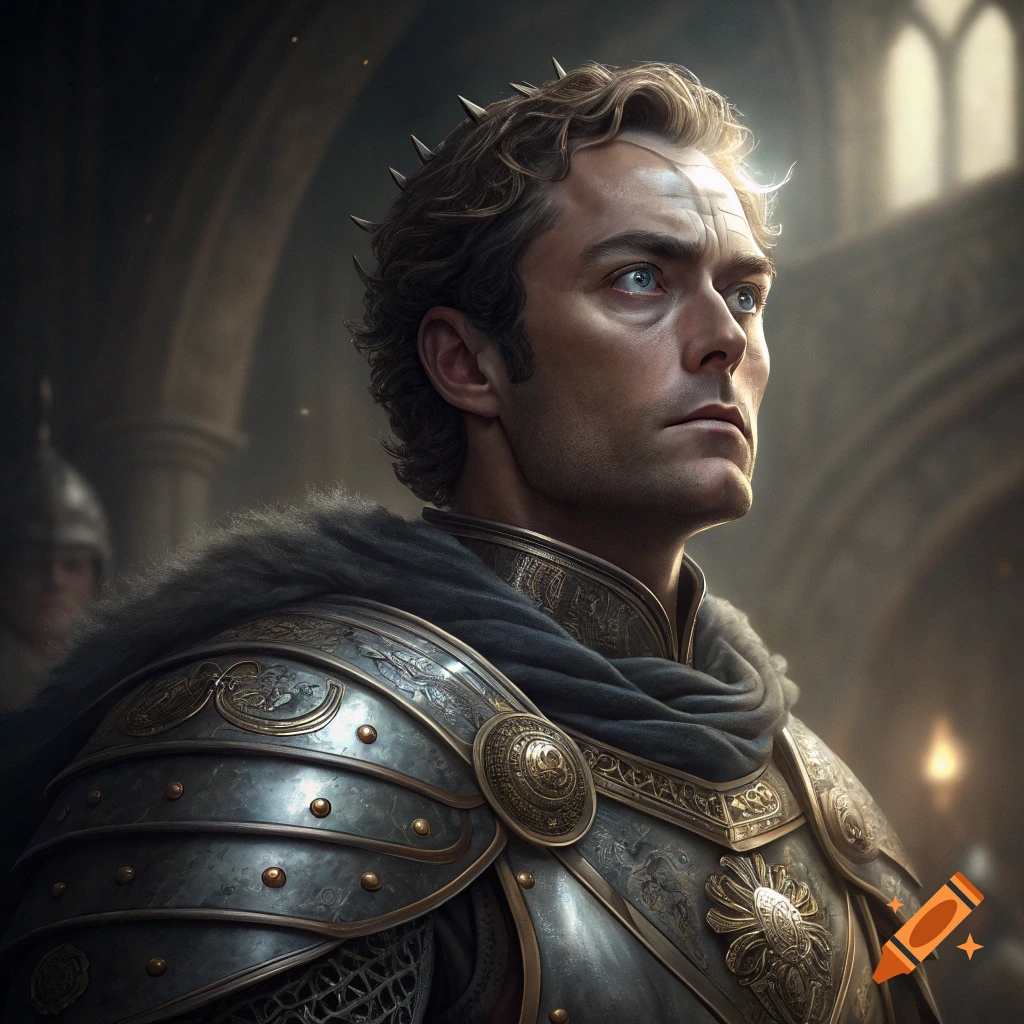 Portrait of a man resembling Jude Law in detailed fantasy armor