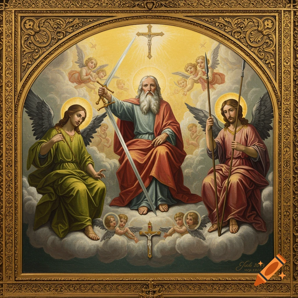 A classical religious painting depicts three robed figures on clouds, holding a sword and spear, surrounded by cherubs and crosses.