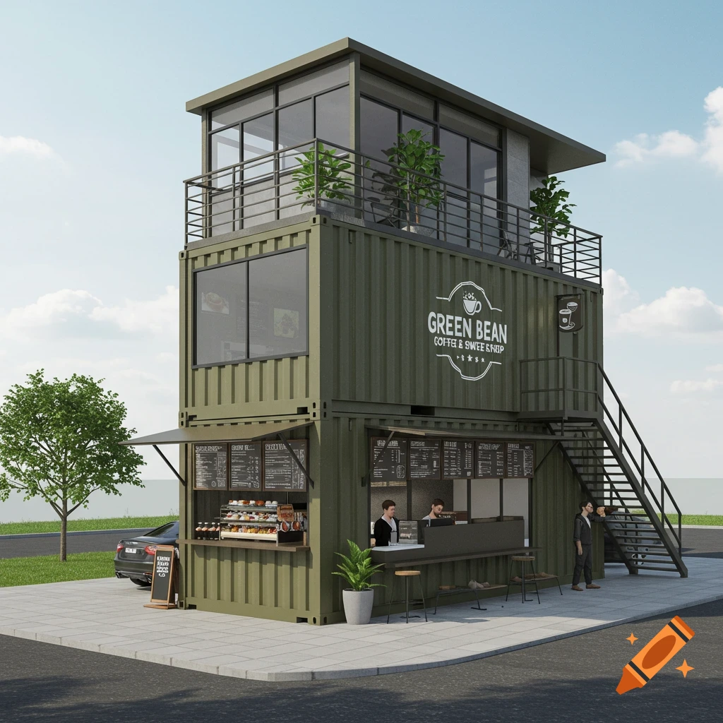 Realistic rendering of a two-story coffee shop made from stacked shipping containers with Green Bean branding, walk-up counter, and outdoor seating.