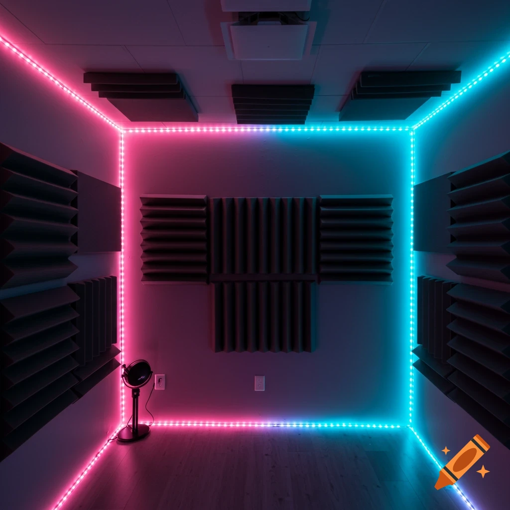 Interior view of a room with acoustic panels and pink and blue LED strip lighting along the walls and ceiling.