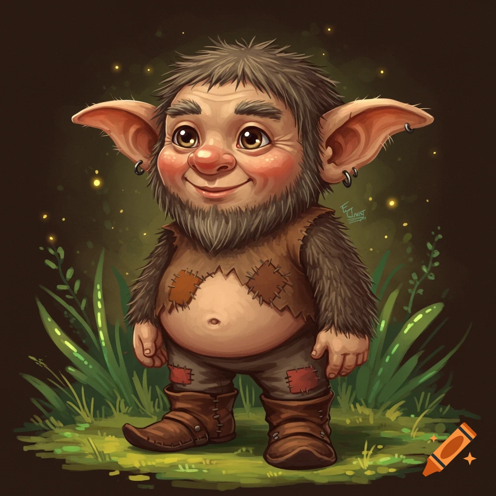 A cute cartoon gnome or goblin stands in the grass surrounded by glowing lights.