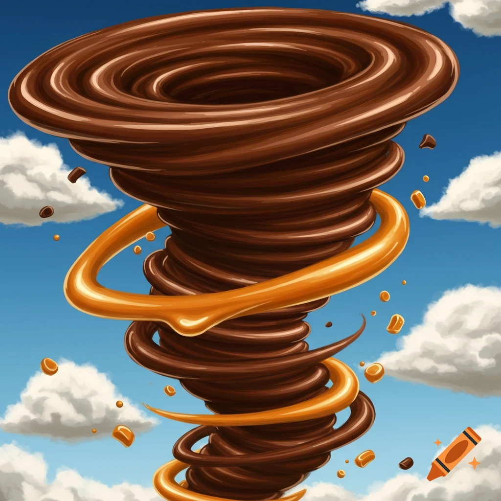 A tornado made of swirling brown chocolate and golden caramel against a blue sky with clouds.