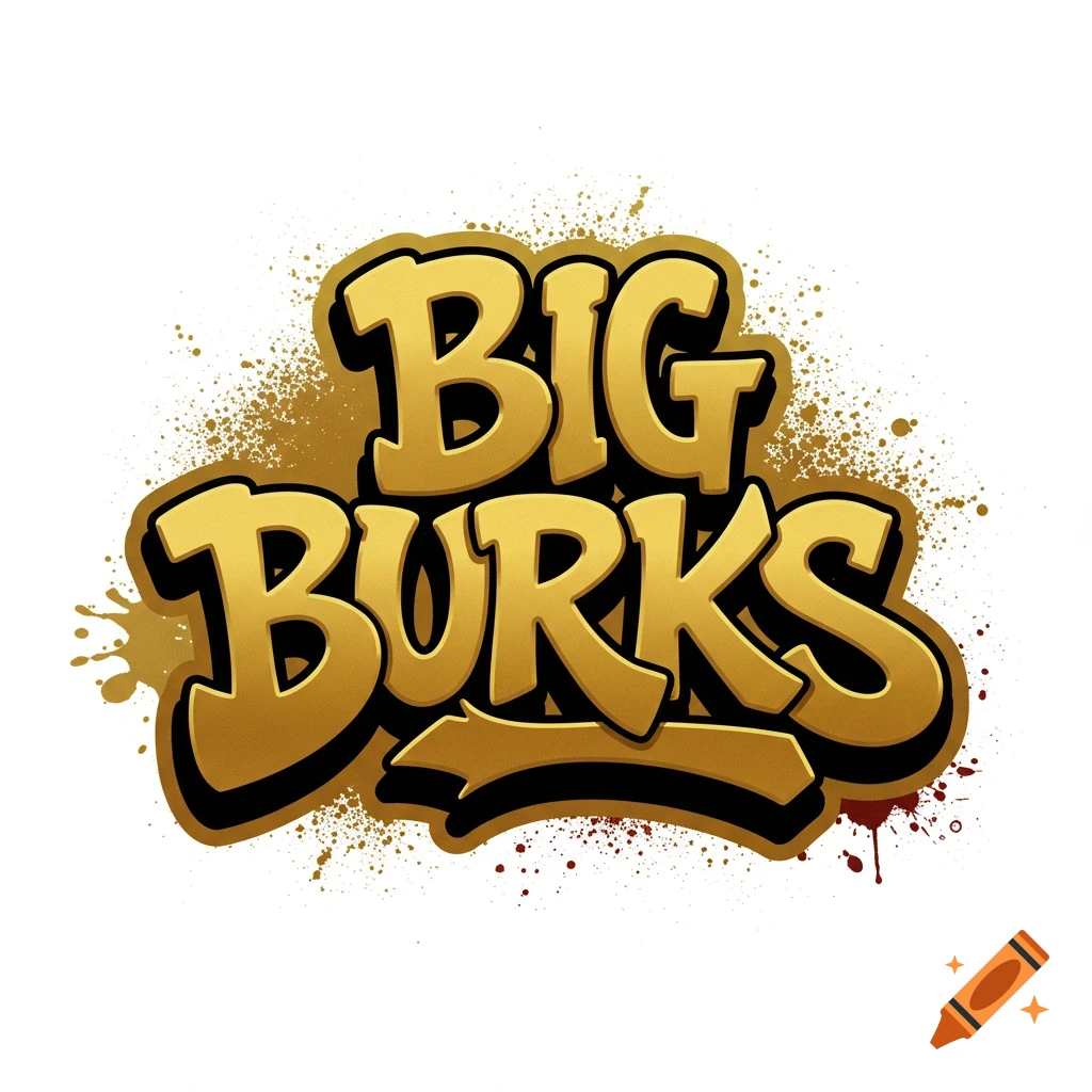 Gold hip-hop style logo with splatter background reading 'BIG BURKS'