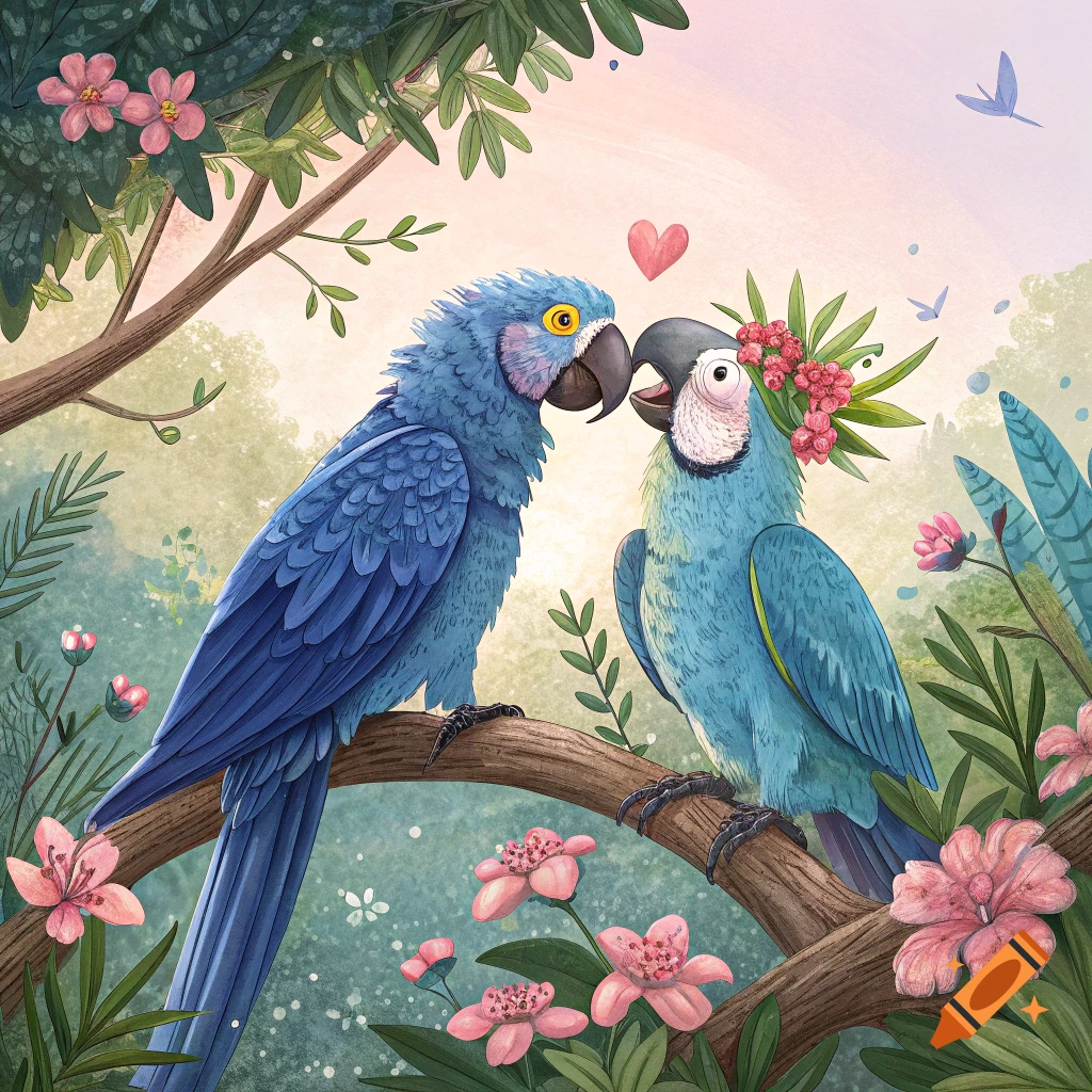 Two blue parrots perched on a branch surrounded by pink flowers and green leaves, illustration style.