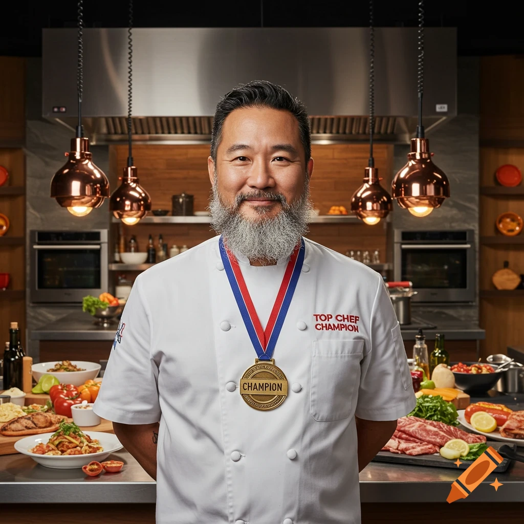 A chef wearing a 'Top Chef Champion' coat and medal stands in a kitchen with food displays.