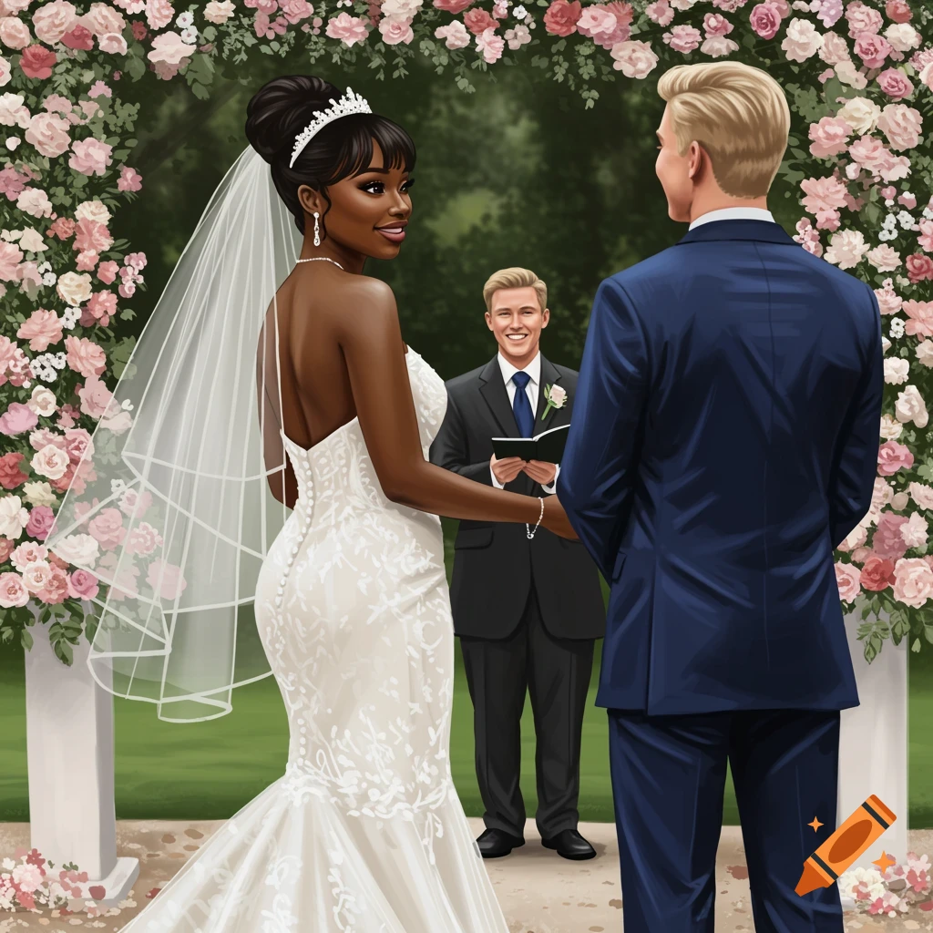 A mixed-race couple is at an outdoor wedding ceremony with an officiant.