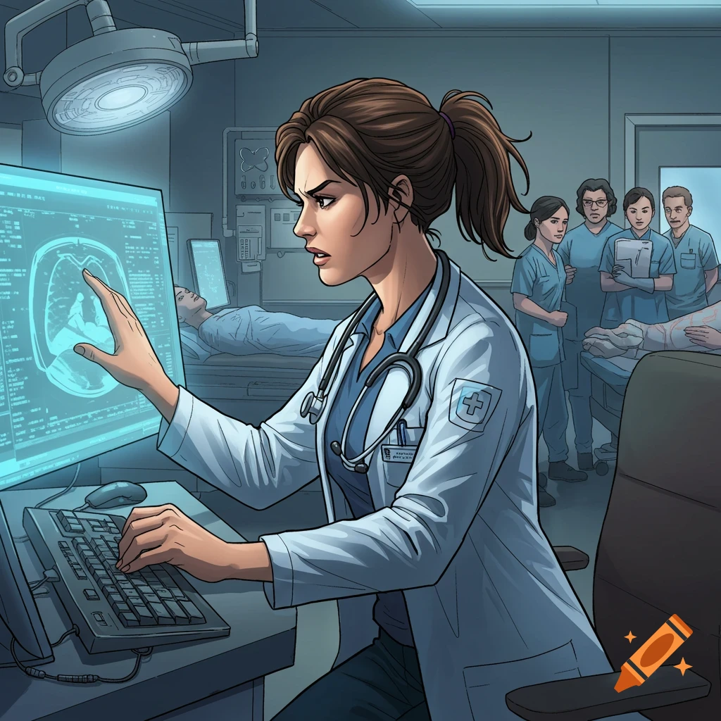 A doctor looks at a medical scan on a computer in a hospital room with other medical staff watching.
