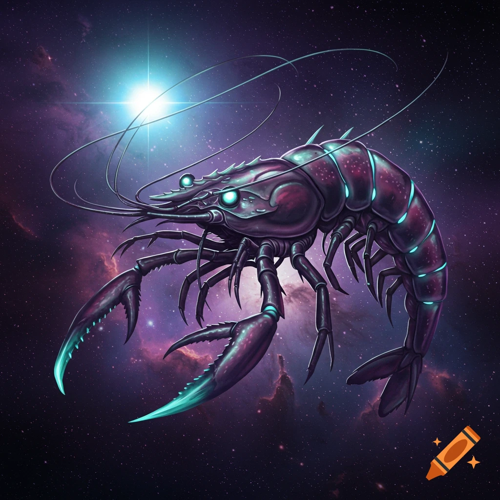 A futuristic space shrimp monster floating in a star and nebula filled cosmos.