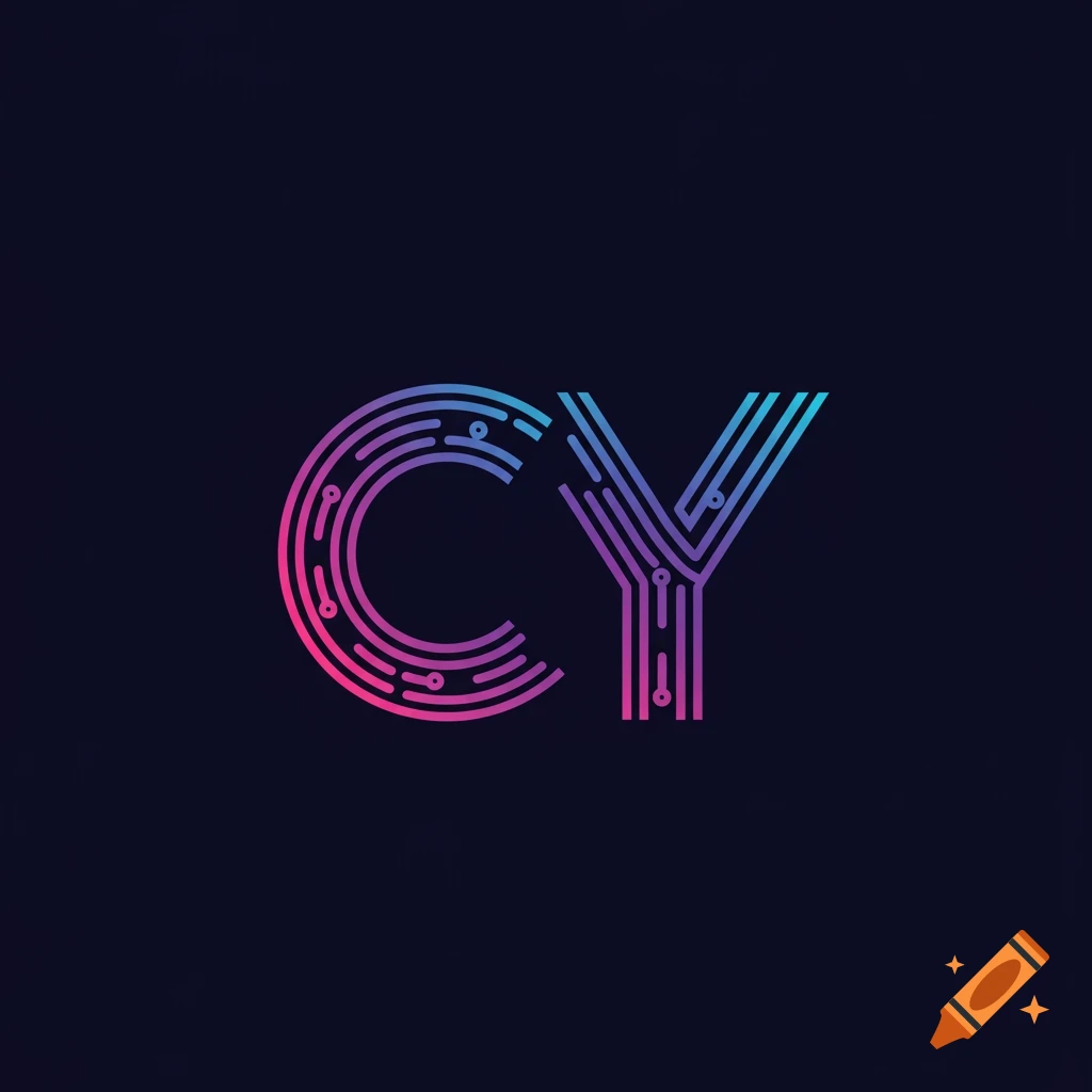 Logo design with letters C and Y in colorful circuit board style on dark background.