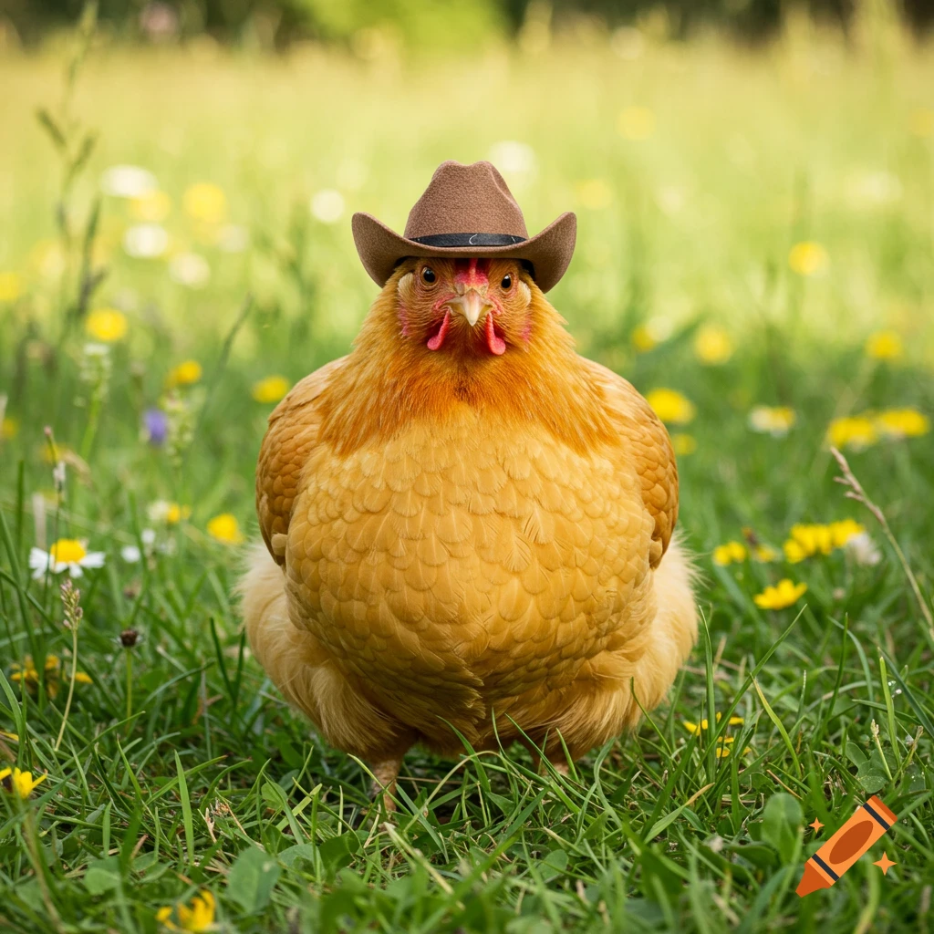 A chicken wearing a cowboy hat stands in a field.