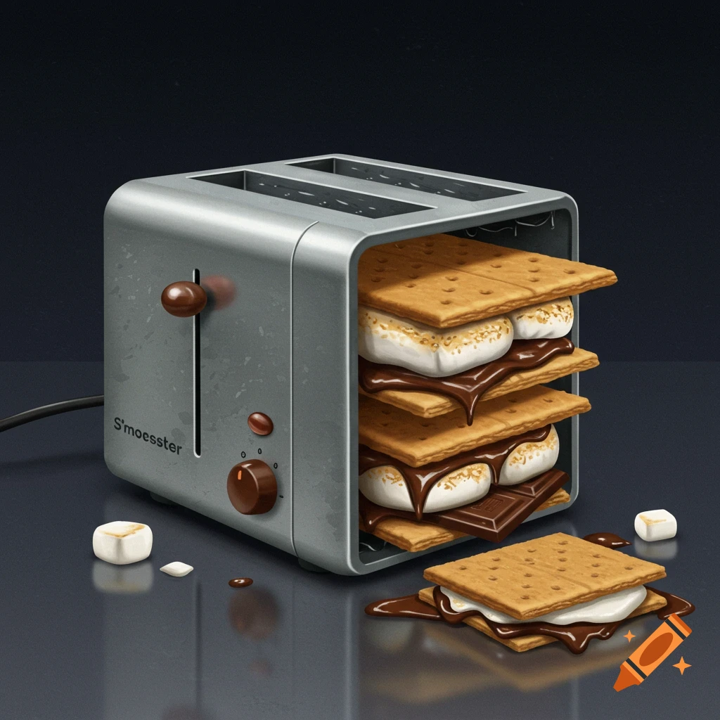 A toaster filled with s'mores stacks, with more s'mores components nearby.