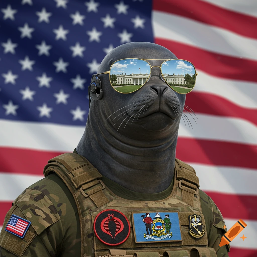 Photorealistic seal in tactical vest & sunglasses reflecting White House, against US flag.