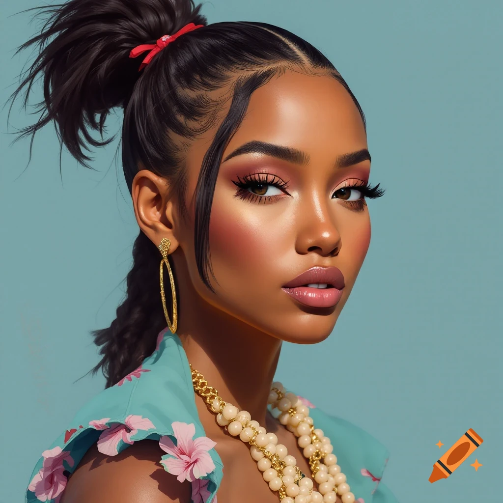 A woman with a ponytail and dramatic makeup wearing a floral top and jewelry