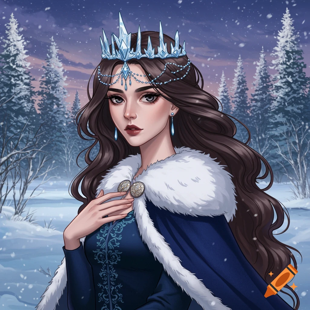 Anime-style portrait of a winter queen in a blue dress and fur cloak, wearing an icy crown in a snowy forest.